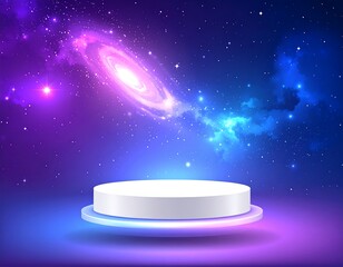Futuristic 3D Product Display Stand on a Cosmic Galaxy Background