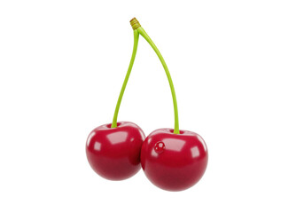 Isolated pair of ripe cherries connected by stem ready to eat a summer snack sweet food