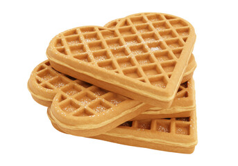 Isolated stack of heart shaped waffles dusted with powdered sugar, tasty breakfast item