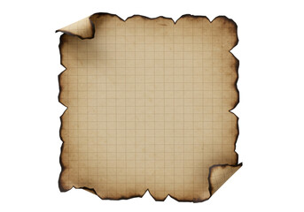 Isolated old vintage paper with burned edges and grid, treasure map, parchment paper