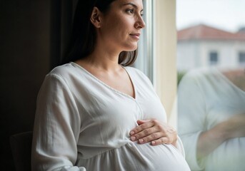 Pregnant woman looking through the window at home