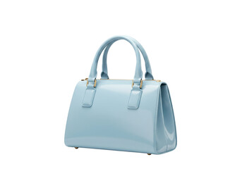 Isolated light blue patent leather top handle purse accessory for fashion and style use