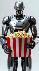 Naklejka premium Advanced Robot Enjoys Movie Night with Popcorn Bucket, Generated image
