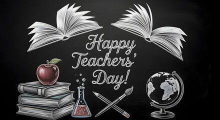 Happy teachers day chalk drawing on blackboard with books apple globe and writing tools