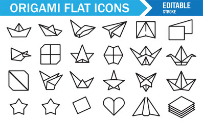 Decorative origami paper art icons editable stroke vector graphic set