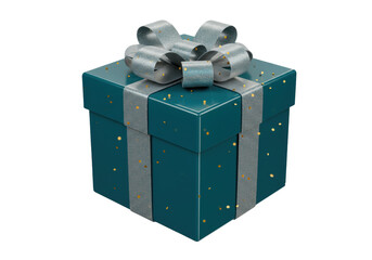 Isolated teal gift with silver ribbon and bow for Christmas or birthday present giving