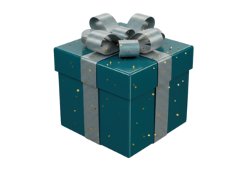 Isolated teal gift with silver ribbon and bow for Christmas or birthday present giving