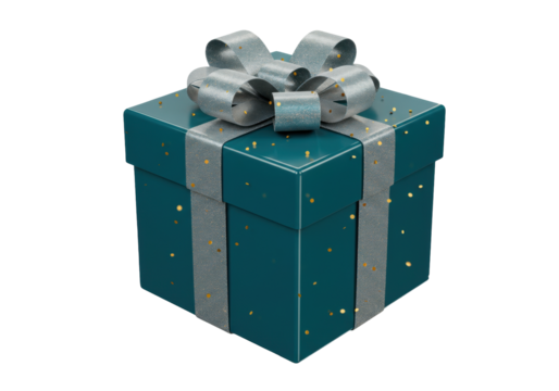 Isolated teal gift with silver ribbon and bow for Christmas or birthday present giving