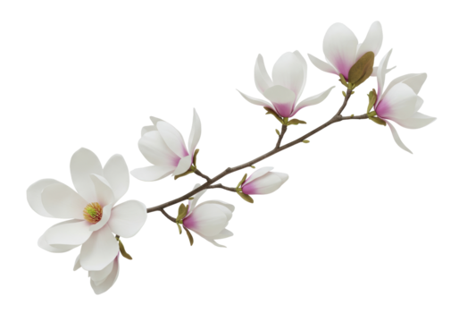 Isolated Flowering magnolia branch with blossoms delicate pastel spring colors realistic drawing