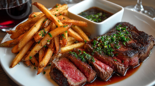 Juicy steak frites with chimichurri and fries