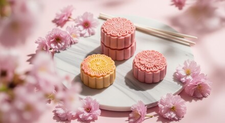 Pink mooncakes and cherry blossoms on a marble plate with chopsticks, a beautiful and delicate dessert arrangement for a special occasion