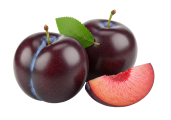 Isolated group of fresh plums with slice and green leaf, whole and cut fruit, healthy dessert