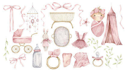 It's a girl. Watercolor hand-drawn clip art with newborn girl and pink baby's stuff. Cute illustration for baby girl. For design baby shower, gender reveal party and nursery.