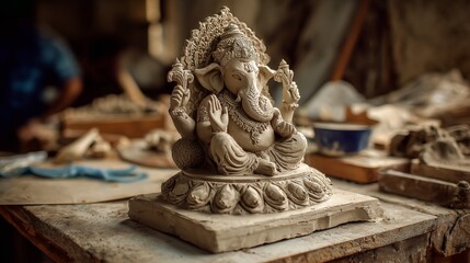 Fototapeta premium Artistic clay model of Ganesha in workshop