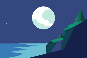 Serene night landscape with a large moon over the ocean and a rocky cliff with trees