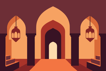 Fototapeta premium Abstract islamic architecture with arches lanterns and warm color palette creating a serene atmosphere