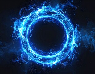 A luminous blue ring surrounded by swirling energy dances against a deep dark backdrop, creating an enchanting and otherworldly atmosphere