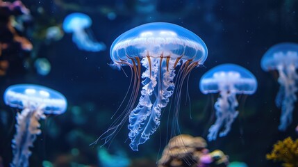 Fototapeta premium Ethereal Jellyfish Floating Gracefully in Ocean Blue Waters
