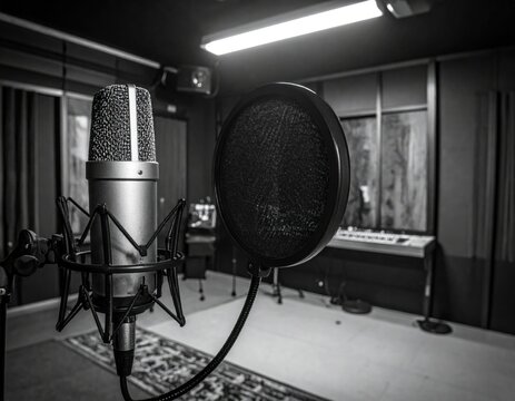 B&W studio shot focuses on microphone and pop filter with keyboard and sound-dampening panels in background; strong contrast and depth of field