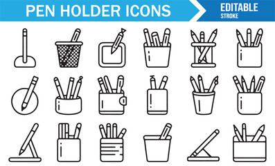 Workplace storage icon set with pen holders and desk supply containers