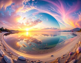 Dreamy landscape. Still water reflects the vibrant sunset and the sky. Sky is bursting in pinks and blues with a fisheye lens effect