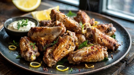 Fototapeta premium Crispy golden lemon pepper wings served on dark rustic plate with fresh herbs and creamy white dipping sauce in natural window lighting