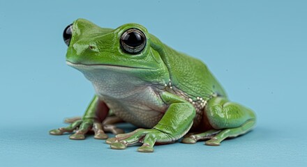 Obraz premium A green frog with large eyes sits against a blue background.