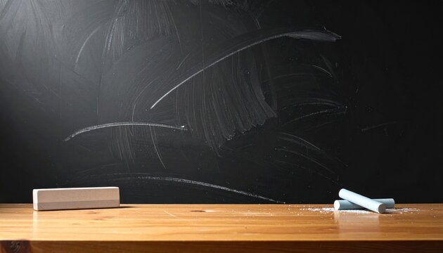 Wiped chalkboard on a wooden surface with chalk dust and eraser remnants, illuminated by a soft light against a dark background