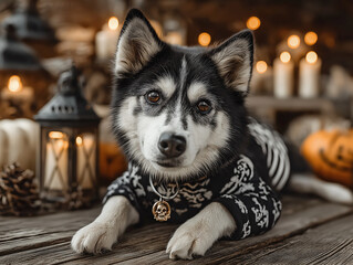 Fluffy husky puppy with pumpkin and lantern decoration