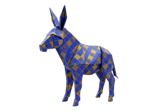 Isolated origami donkey in blue and gold diamond pattern stands upright, animal craft