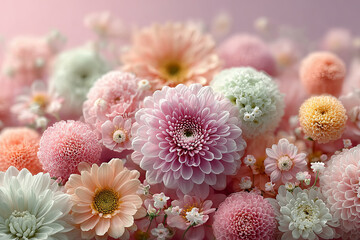 Vibrant garden bloom featuring delicate flowers various pastel colors. Pink and peach petals create an abundant, cheerful display. Soft and fresh, they convey serene, romantic feeling