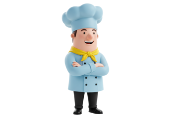 Isolated cartoon chef stands with folded arms, 3D character portrait illustration