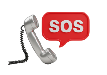 Isolated silver telephone handset and red SOS bubble speak signal emergency assistance call