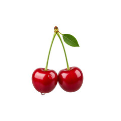 Two Fresh Red Cherries on Stems with Leaf transparent background 