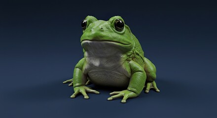 Obraz premium A realistic, digitally rendered green frog sitting upright and looking forward against a dark blue background.