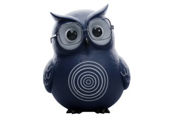Isolated cute cartoonish owl wearing glasses and decorative rings, friendly whimsical look