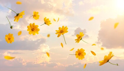 Golden flowers and petals float against a pastel sunset sky, creating a dreamy, ethereal scene with soft light