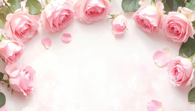 An arc of soft pink roses & green leaves frame a delicate pink gradient background. Light, airy, & romantic. Perfect for backgrounds