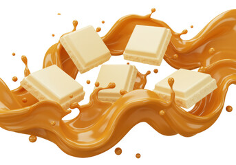Isolated caramel splash and white chocolate bars candy flying confectionery treat sweet snack