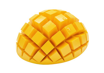 Isolated closeup of fresh diced ripe yellow mango with droplets of water, tropical fruit
