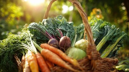 A wicker basket filled with freshly harvested garden vegetables—carrots, leafy greens, beets and other produce. - Powered by Adobe