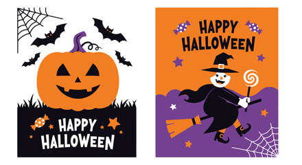 Two colorful Halloween-themed illustrations featuring a pumpkin, bats, witch, and candy.