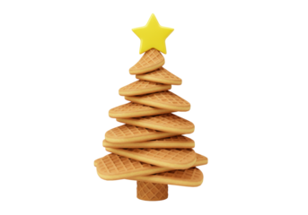 Isolated Christmas tree made of waffles and a yellow star, delicious holiday dessert food