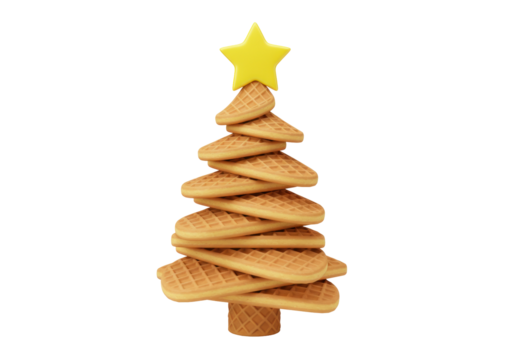 Isolated Christmas tree made of waffles and a yellow star, delicious holiday dessert food