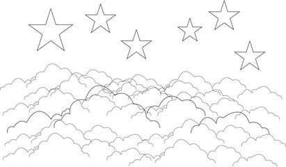 Cute doodle outline cloud sky pattern with falling stars seamless texture for textile fabric