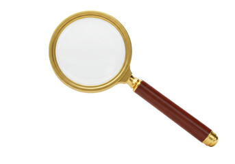 Isolated, golden magnifying glass for enlarging and examining reading material well