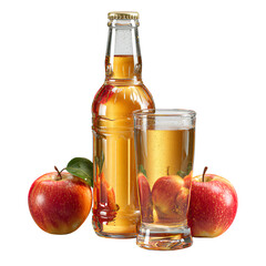 Glass bottle and glass filled with apple cider surrounded by fresh apples isolated on transparent background