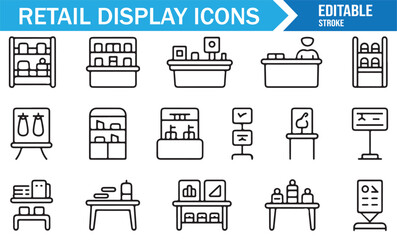 Retail product presentation icon collection with showcase and signage