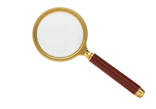 Isolated, golden magnifying glass for enlarging and examining reading material well