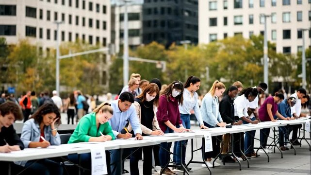 Woman speaker presents AI data chart to students writing on tables for technological inequality concept video